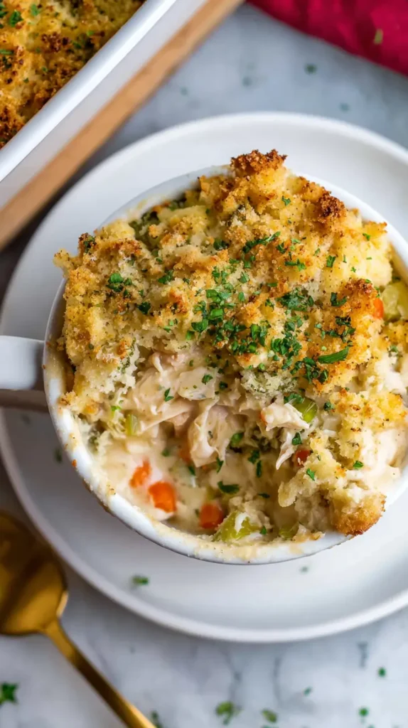 overhead mug, chicken stuffing casserole
