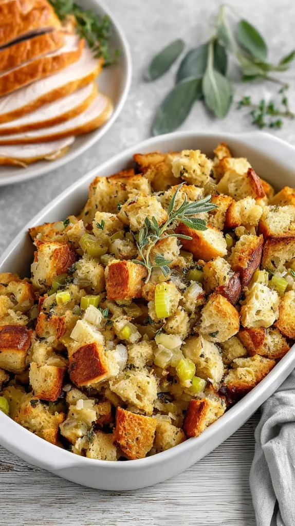 traditional stuffing, recipes, white baking dish