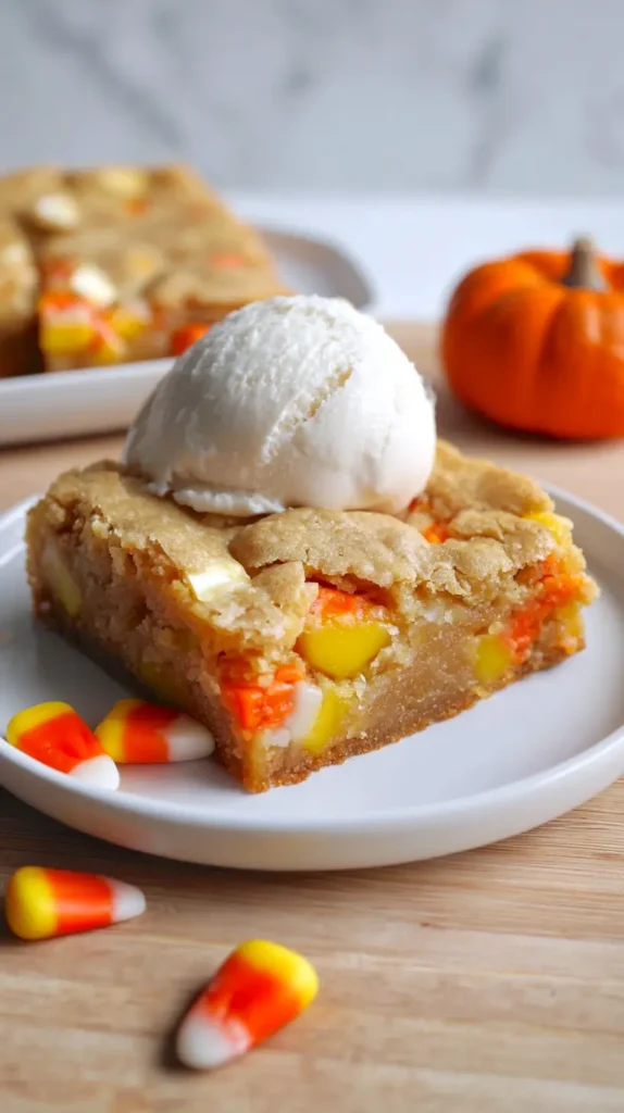 candy corn blondies with a scoop of vanilla ice cream