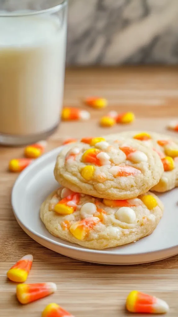 candy corn cookies with a glass of milk nearby