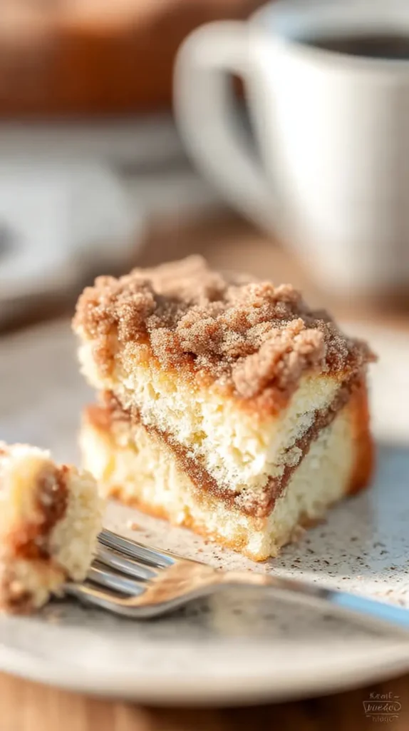 cinnamon coffee cake next to a mug of coffee