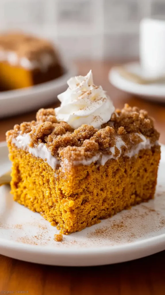 whipped cream topped with cinnamon on pumpkin coffee cake