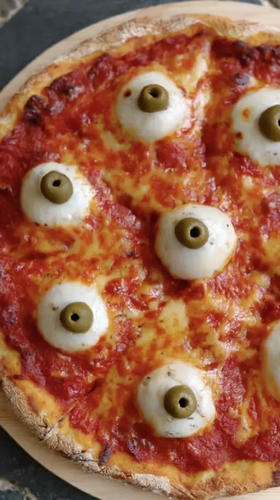 eyeballs made of mozzarella balls and olives on a pizza