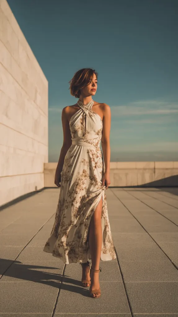 tea party dress, woman outside on the roof