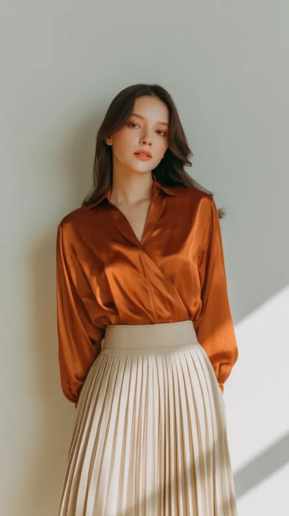 Thanksgiving fits, women with pumpkin-colored silk blouse and cream pleated skirt