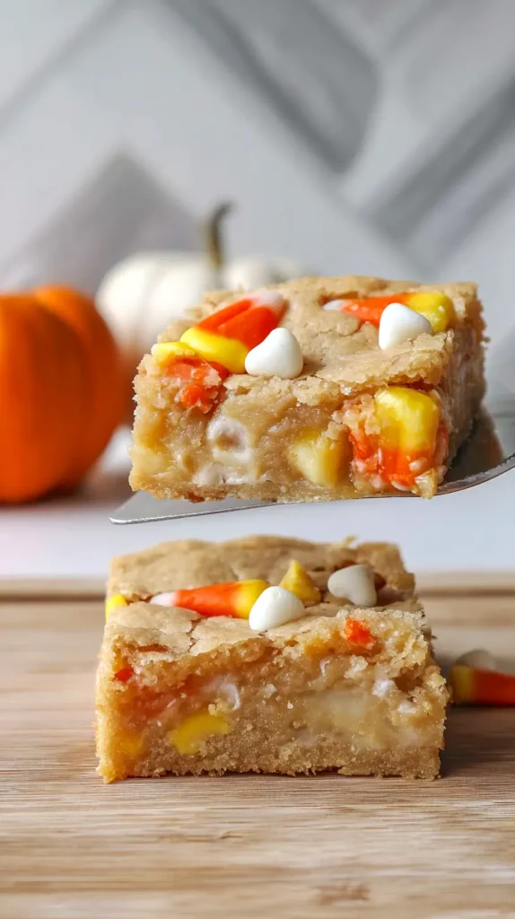 candy corn blondies, once piece on a spatula