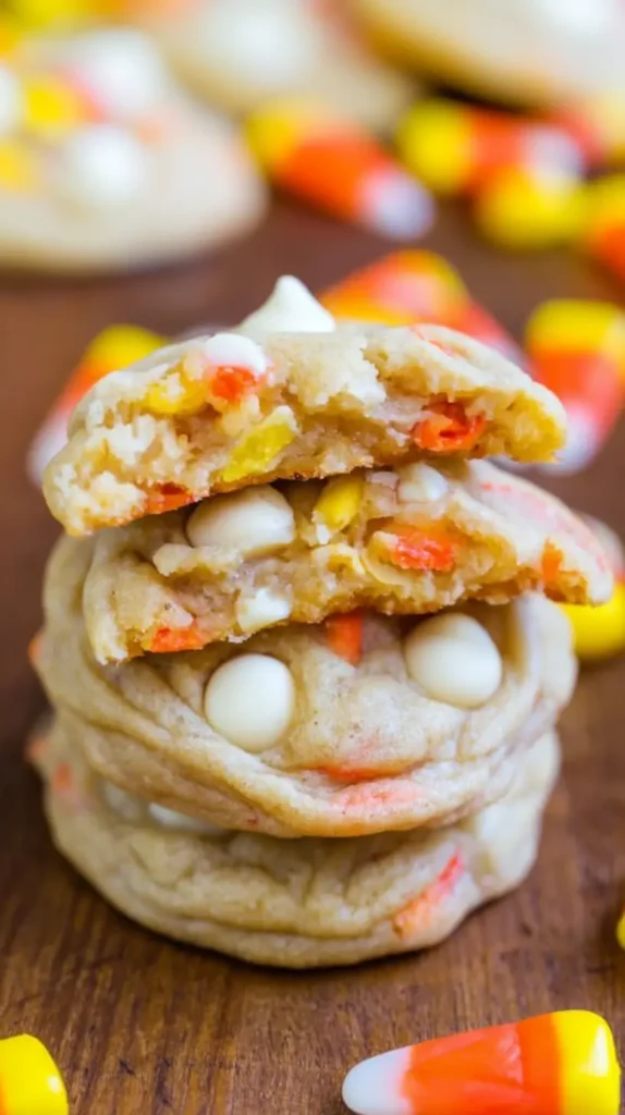 candy corn cookies with two top cookies broken in half