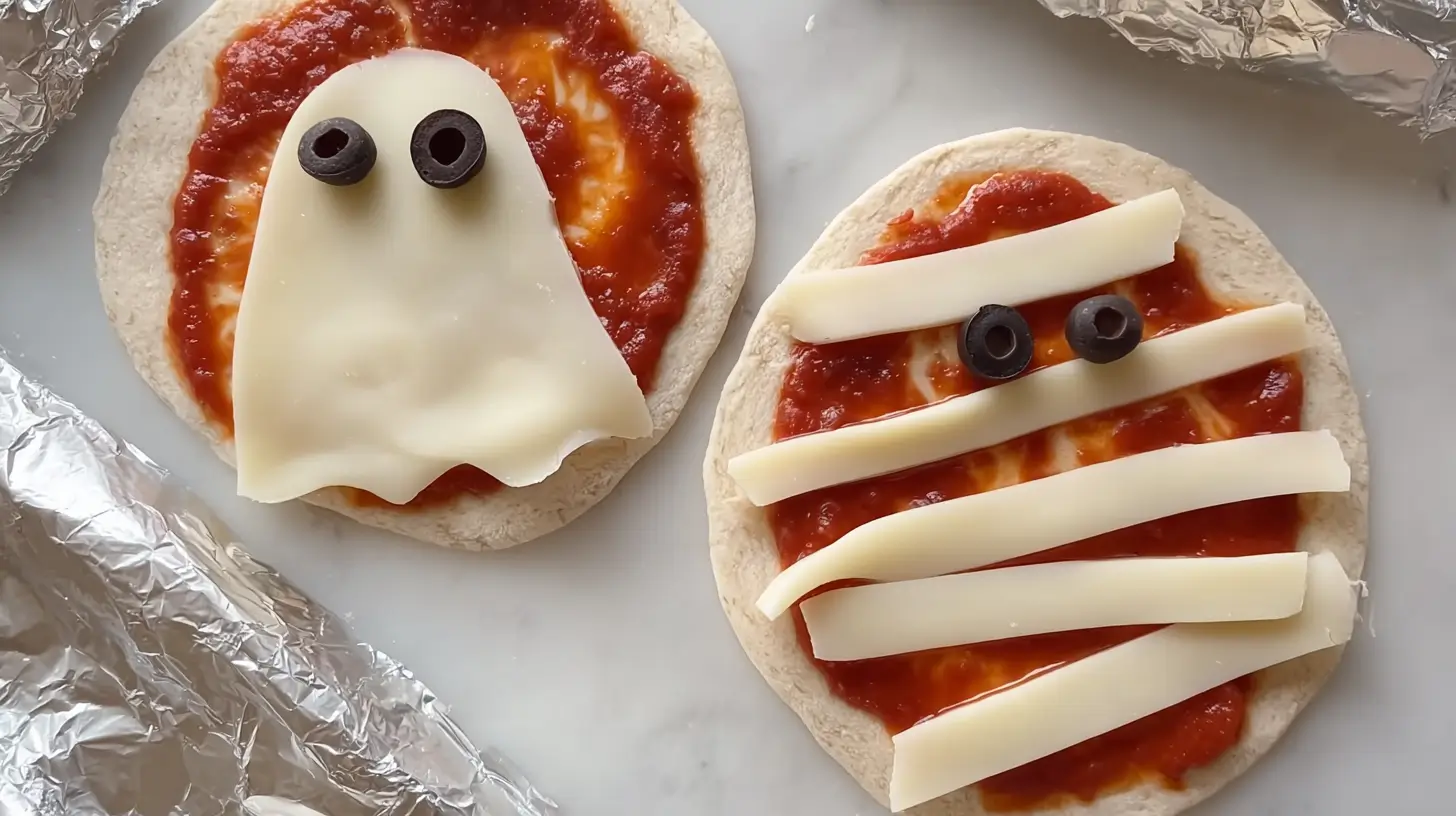 mini halloween pizza, ghost and mummy