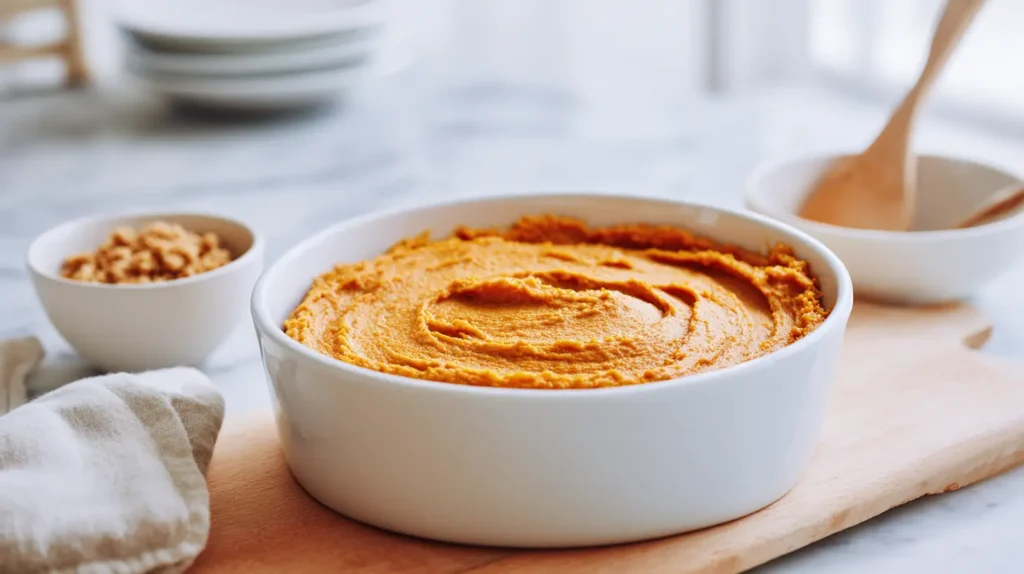 pumpkin batter in a white round pan