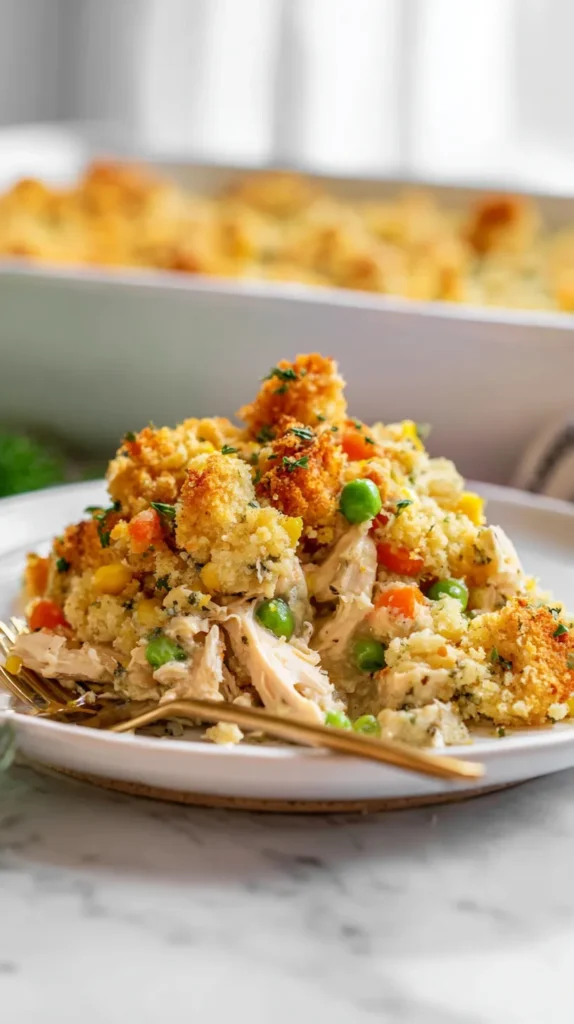 chicken stuffing casserole served on a simple white dinner plate, creamy shredded chicken casserole with visible orange carrot cubes, green peas, and small yellow corn kernels, topped with golden brown herb stuffing crumbs with crisp toasted edges, soft creamy interior, realistic casserole texture, moist filling, buttery stuffing topping