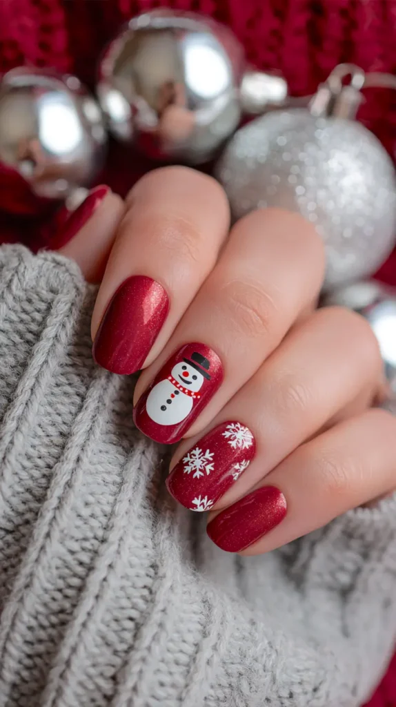 snowman manicure, crimson base