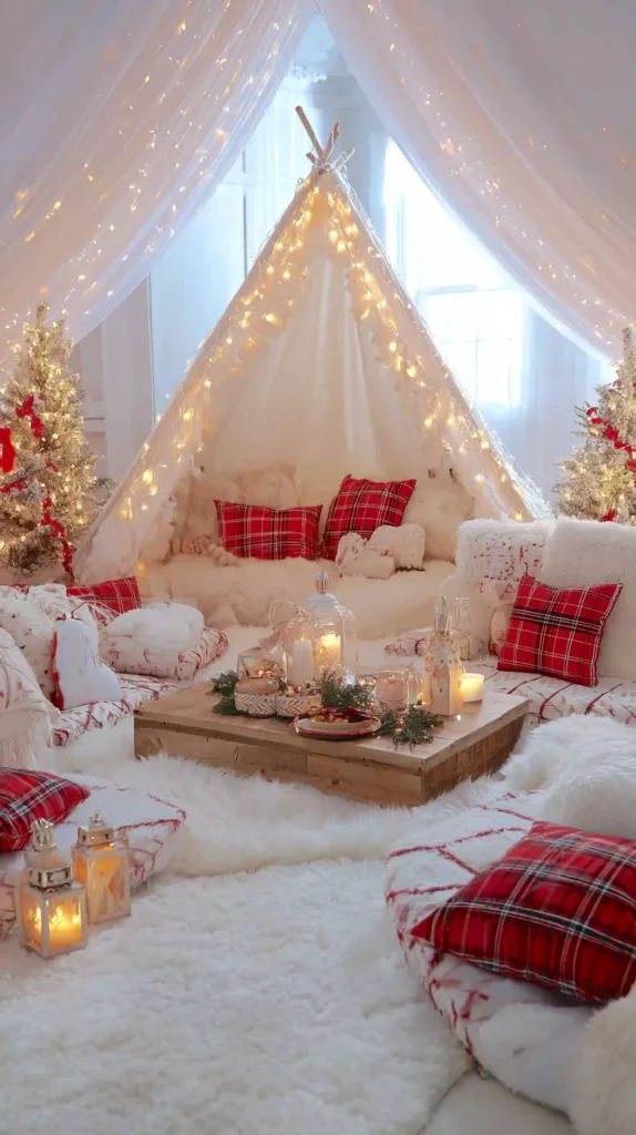 Christmas sleepover, white tent, red pillows, lights