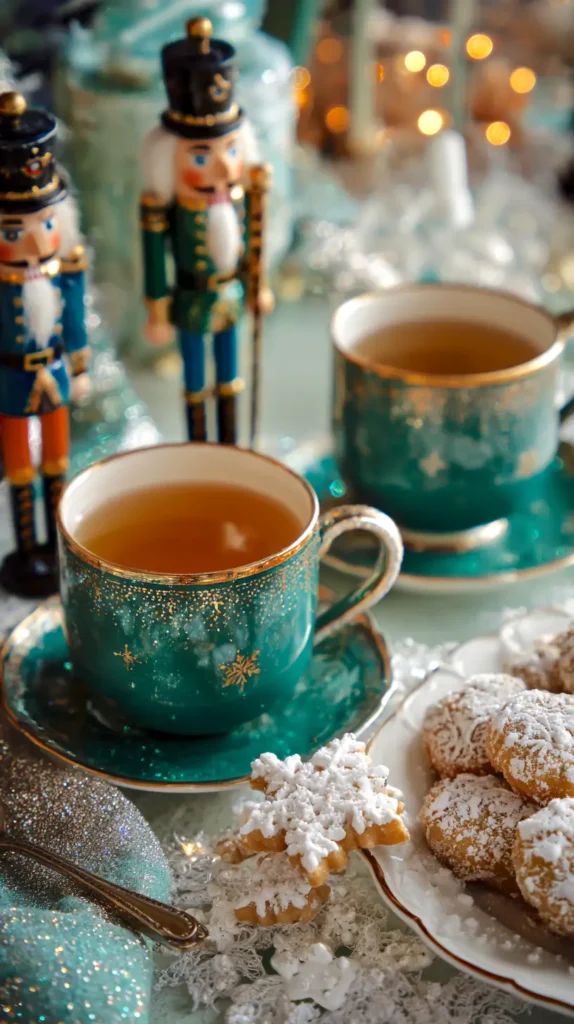 nutcracker table decor with two mugs, cookies