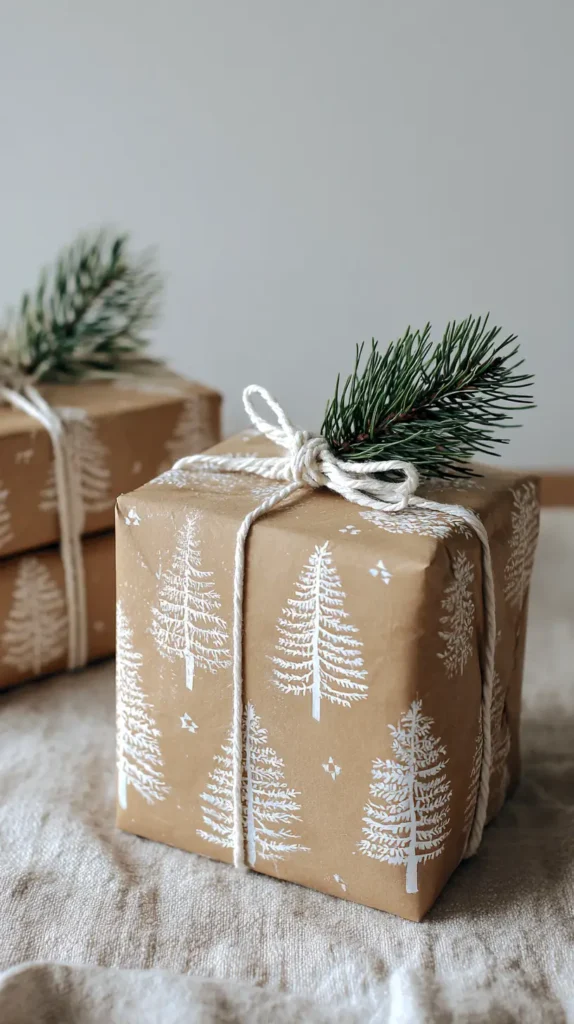 Christmas wrapping ideas, white stamped trees on kraft paper