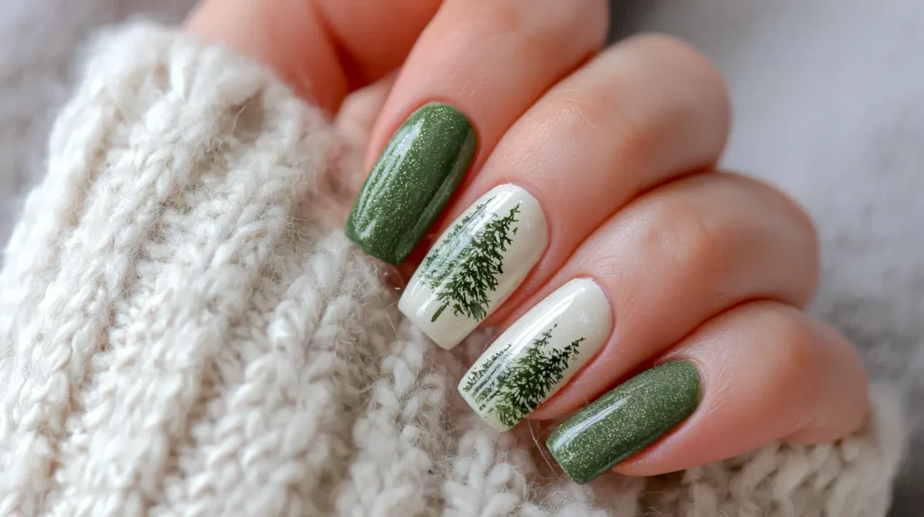 green Christmas nails, with trees