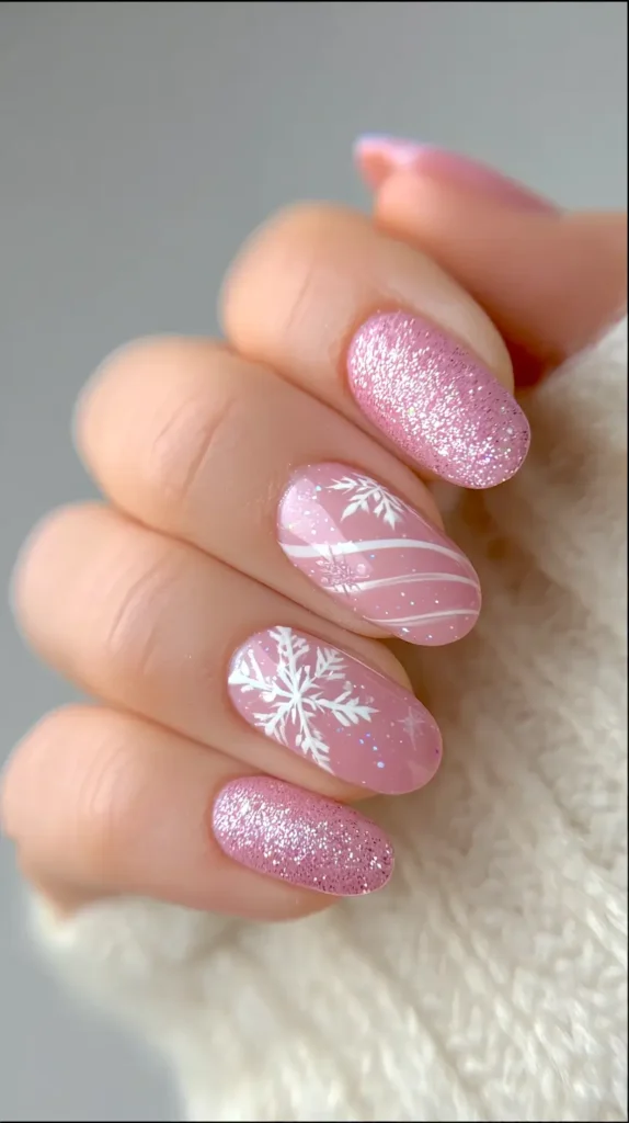 pink snowflake nails, manicure, Christmas