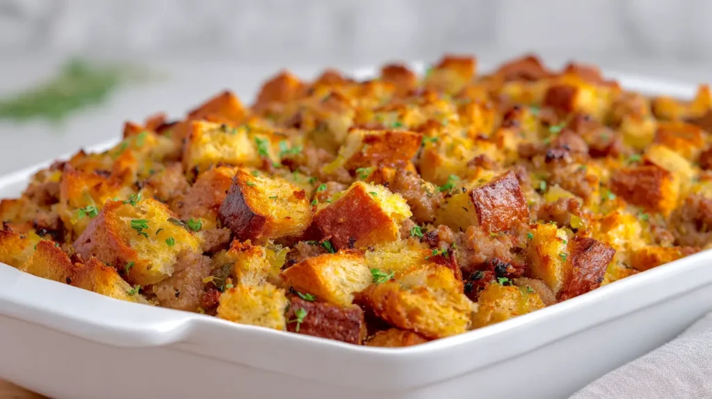 stuffing recipe with sausage in a dish