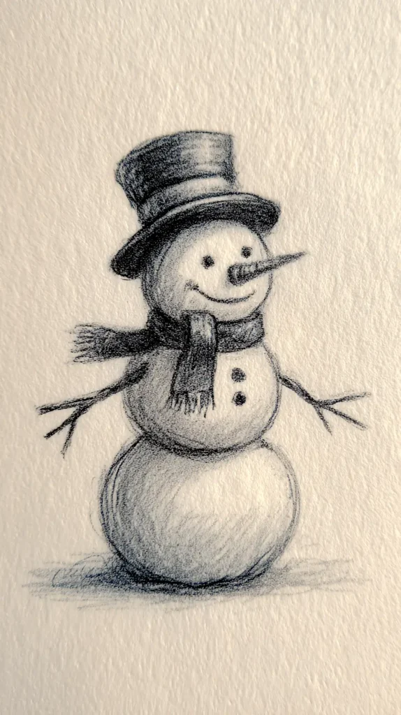 snowperson sketch on paper, charcoal, pencil