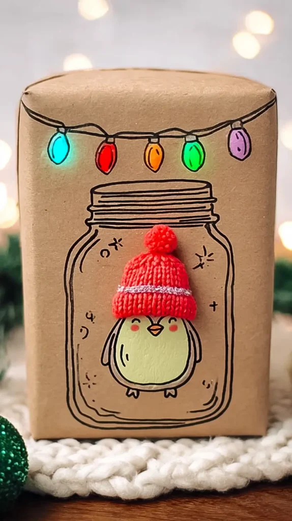 cute bird drawn on brown craft paper, pink knit 3D hat attached, drawn jar and Christmas lights