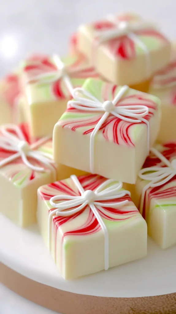 Christmas fudge, red and green swirled white chocolate fudge with a icing bow
