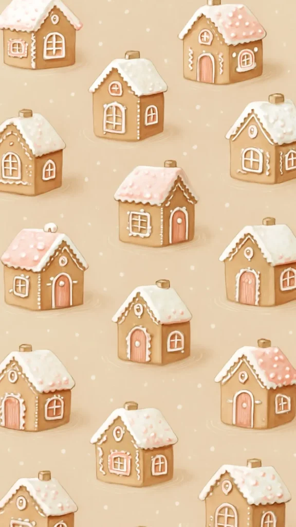 scattered houses made of gingerbread on a tan background