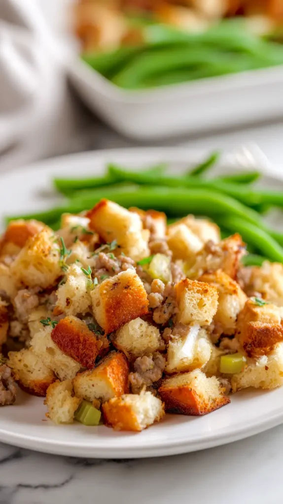 ground sausage stuffing with a side of green beans