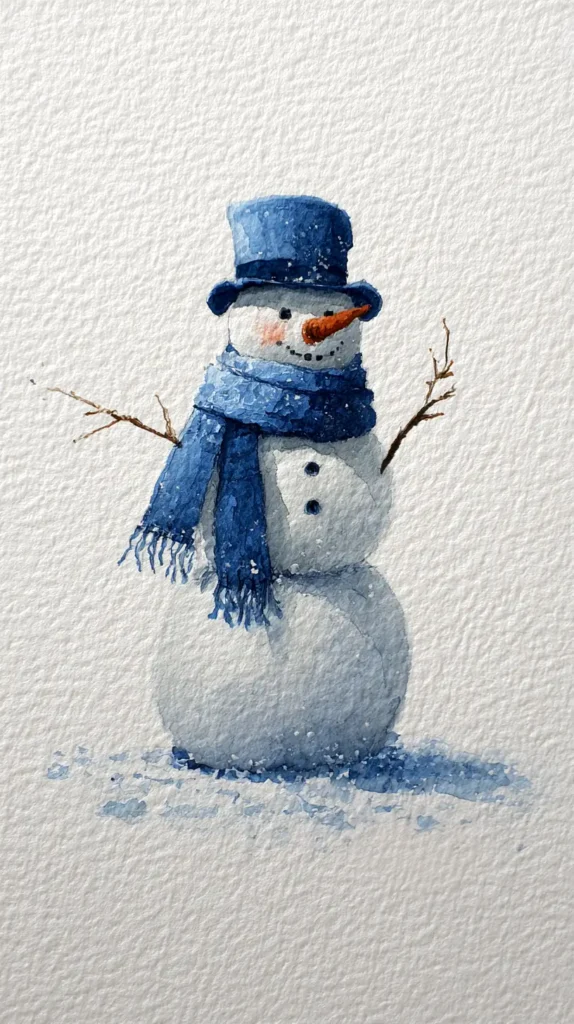 snowman with a blue top hat and blue scarf