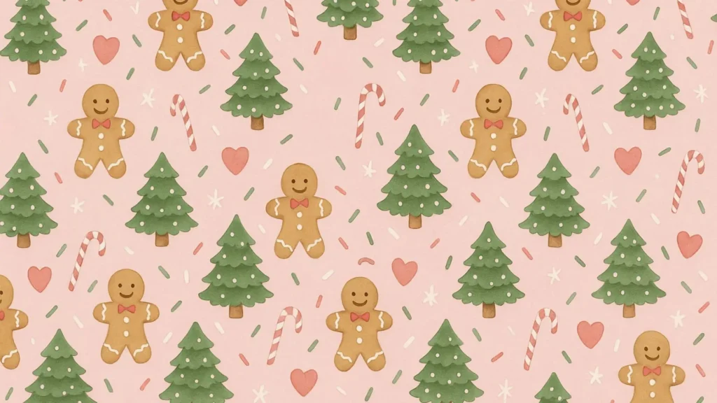 gingerbread cookies, candy canes and Christmas trees