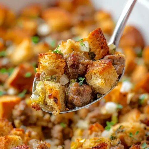 spoon of sausage stuffing