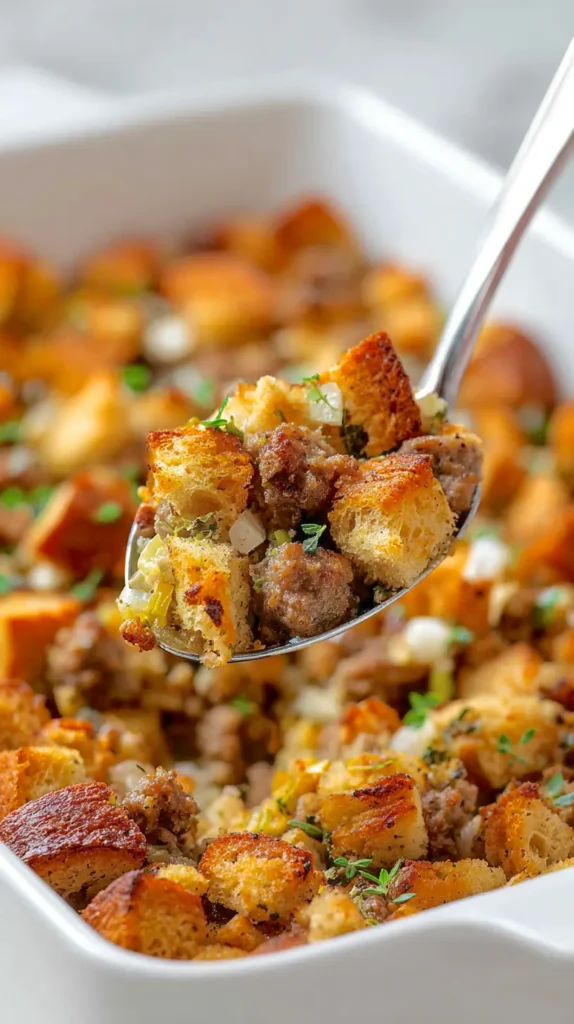 spoon of sausage stuffing