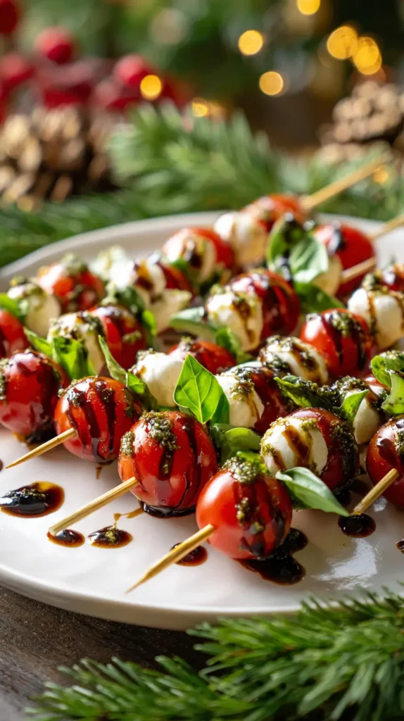Caprese Skewer Comets With Pesto Drizzle