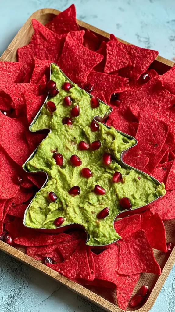 guac in a Christmas tree shape surrounded by red tortilla chips