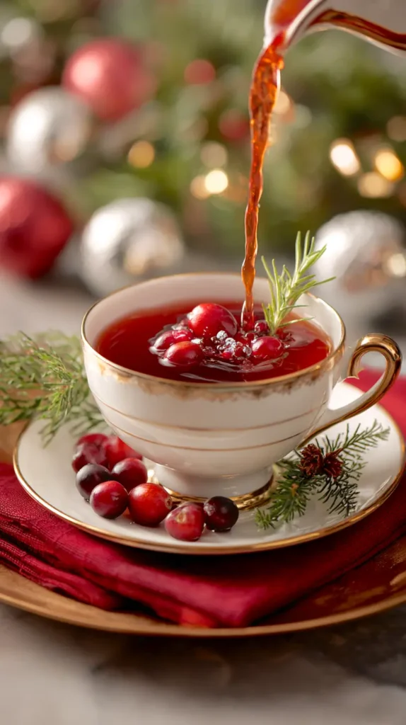 tea pouring into a tea cup, cranberries
