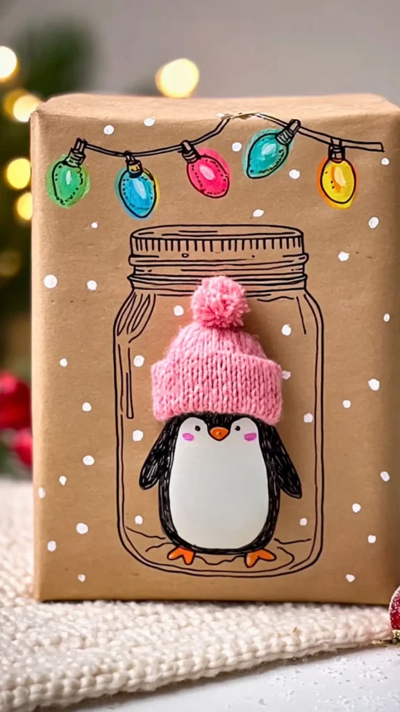 Christmas wrapping ideas, penguin with pink knit hat