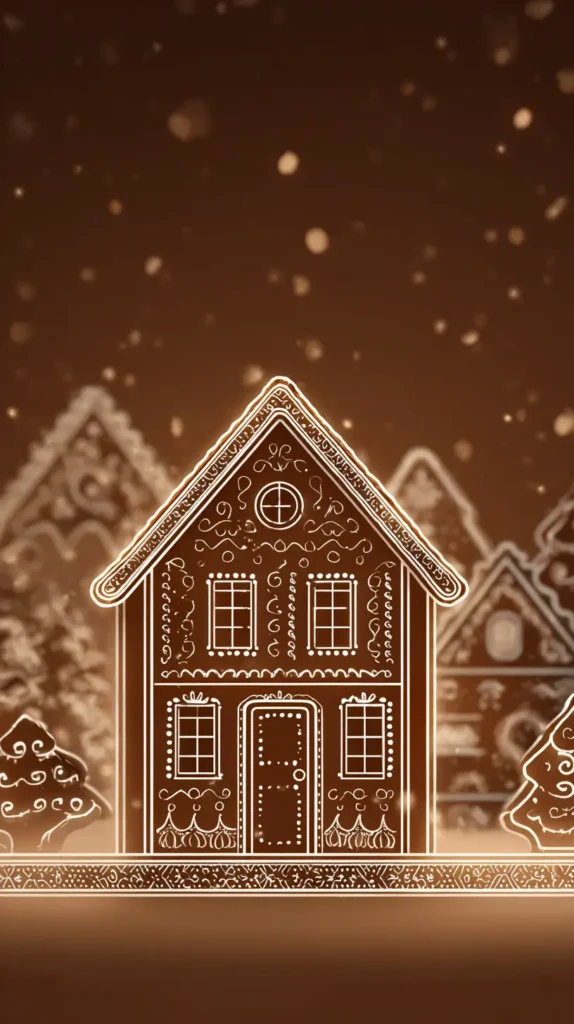 dark brown background, gingerbread house silhouette