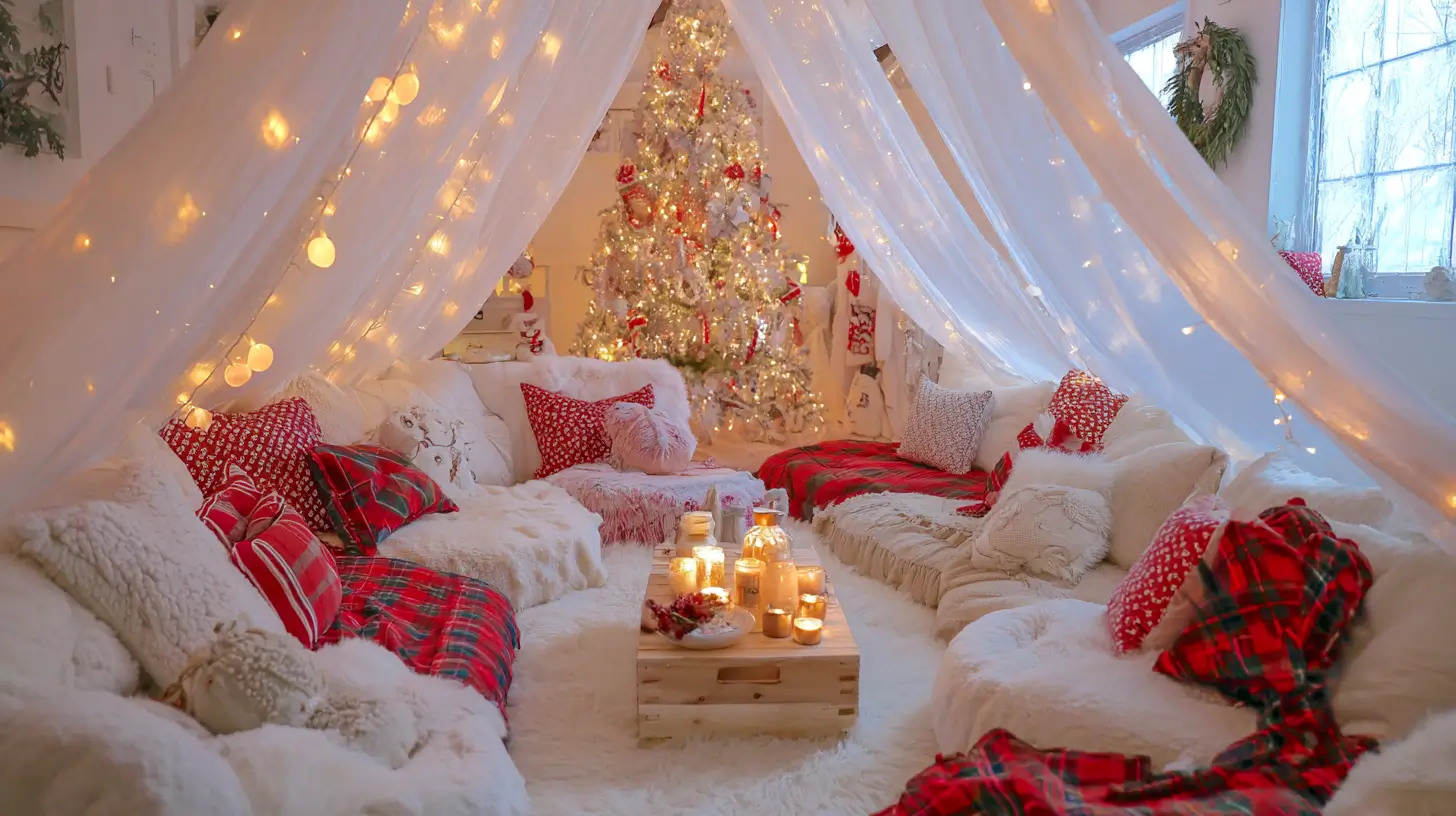 Christmas sleepover, white tent with fairy lights and a lot of pillows