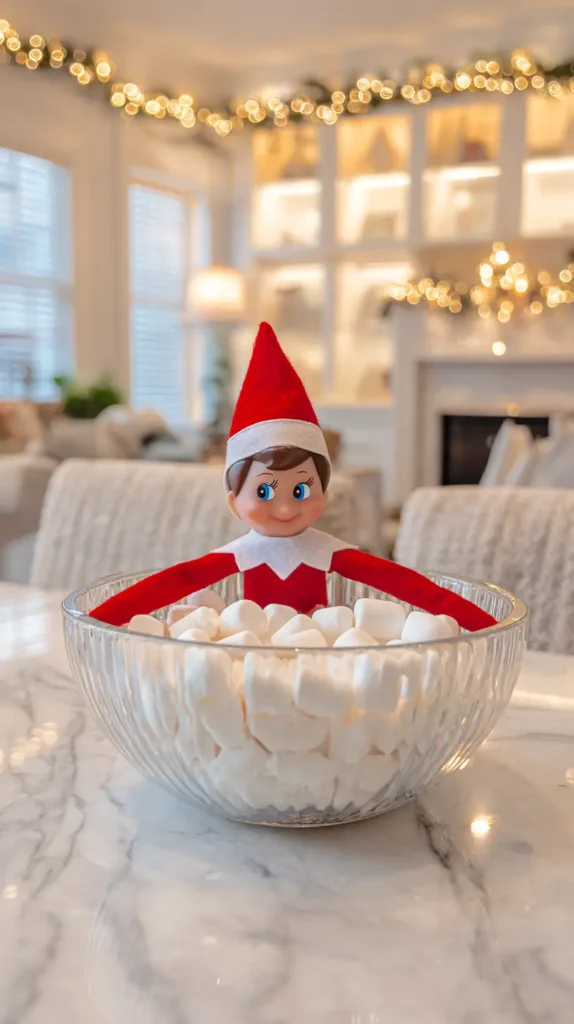 elf on the shelf in a bowl of mini marshmallows