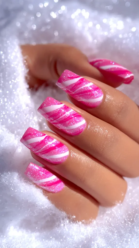 pink striped, candy cane pattern, manicure