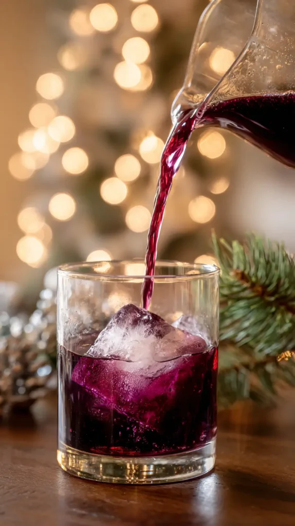sugar plum old fashioned cocktail being poured into a glass of ice