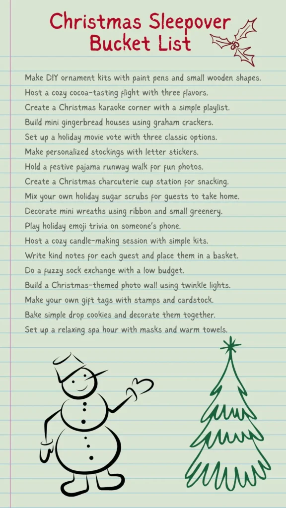 Christmas sleepover bucket list of activities