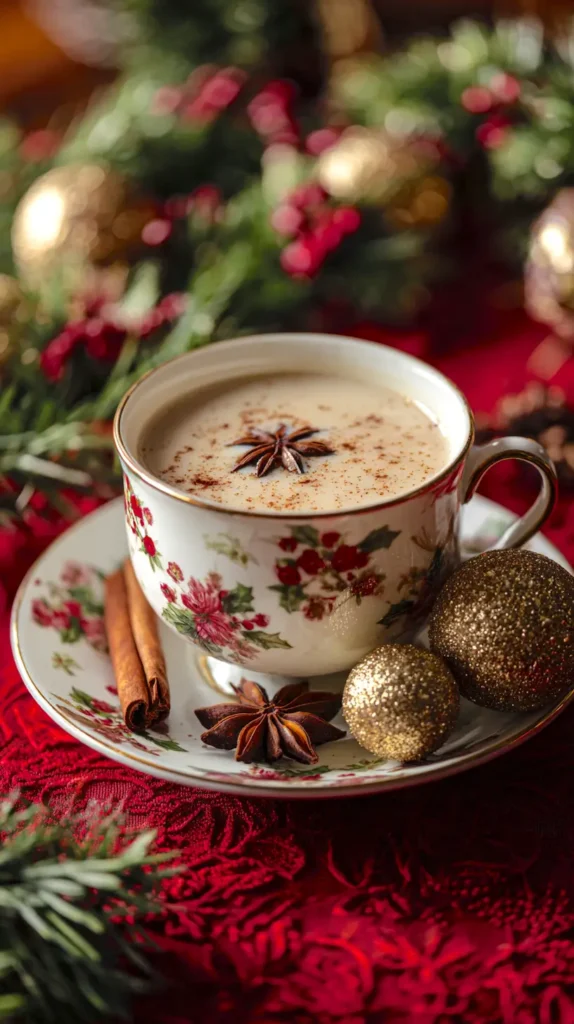 Christmas tea party, tea cup, ornaments, greenery