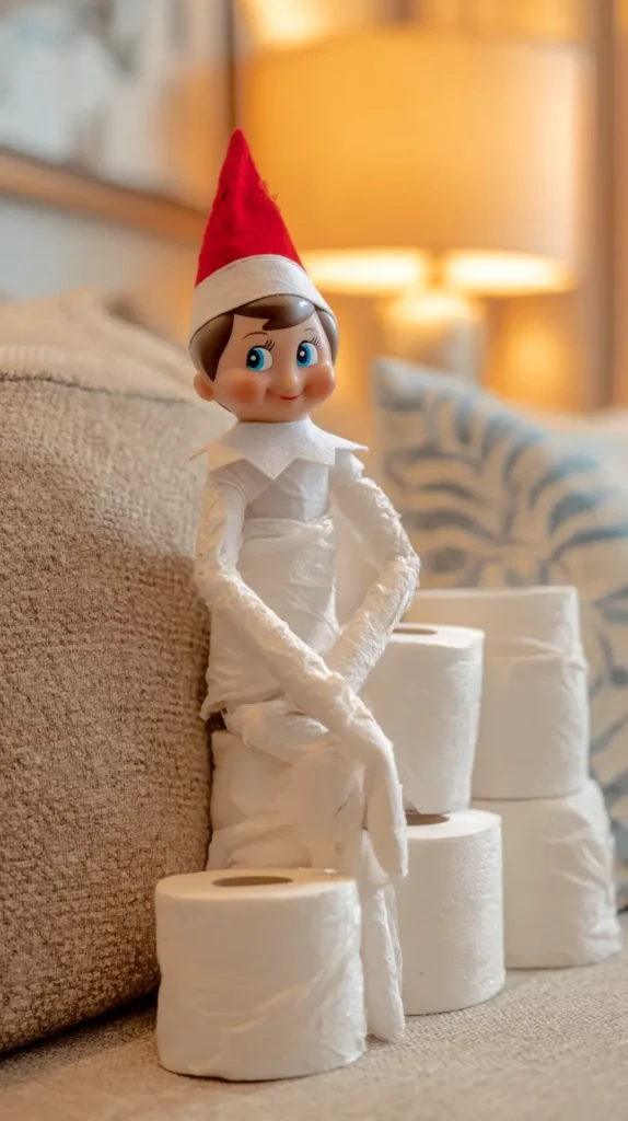 elf on the shelf wrapped in rolls of clean toilet paper