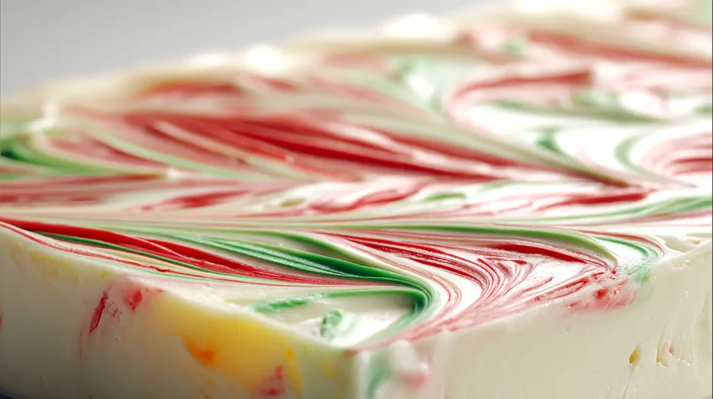close-up of entire slab of swirled red and green Christmas fudge with white chocolate fudge