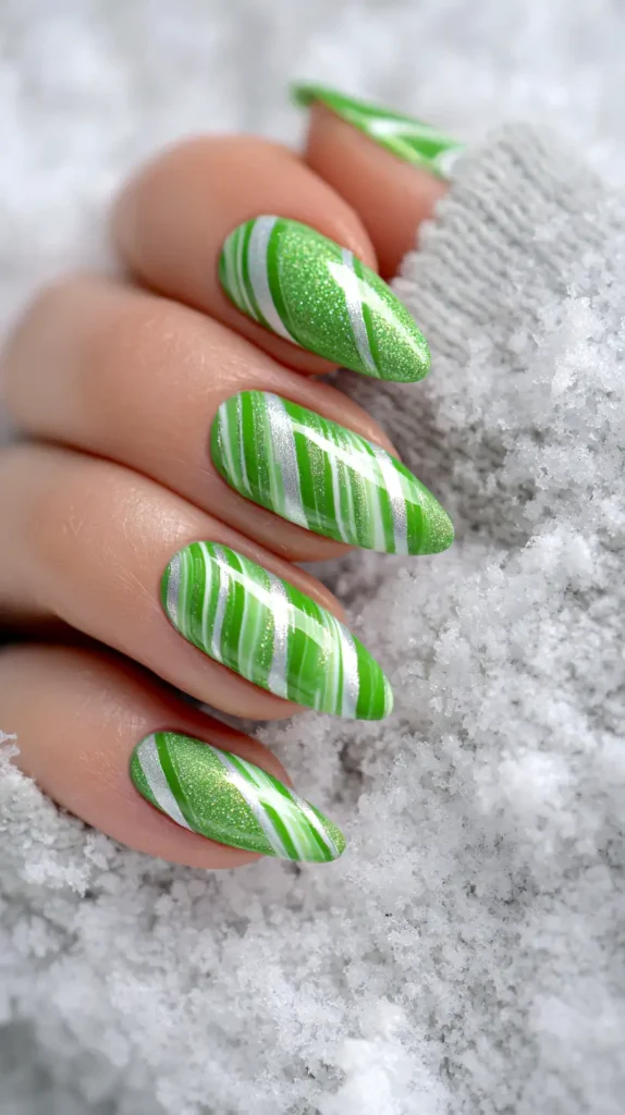 neon green candy cane striped manicure