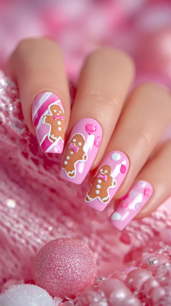 pink gingerbread Christmas nails
