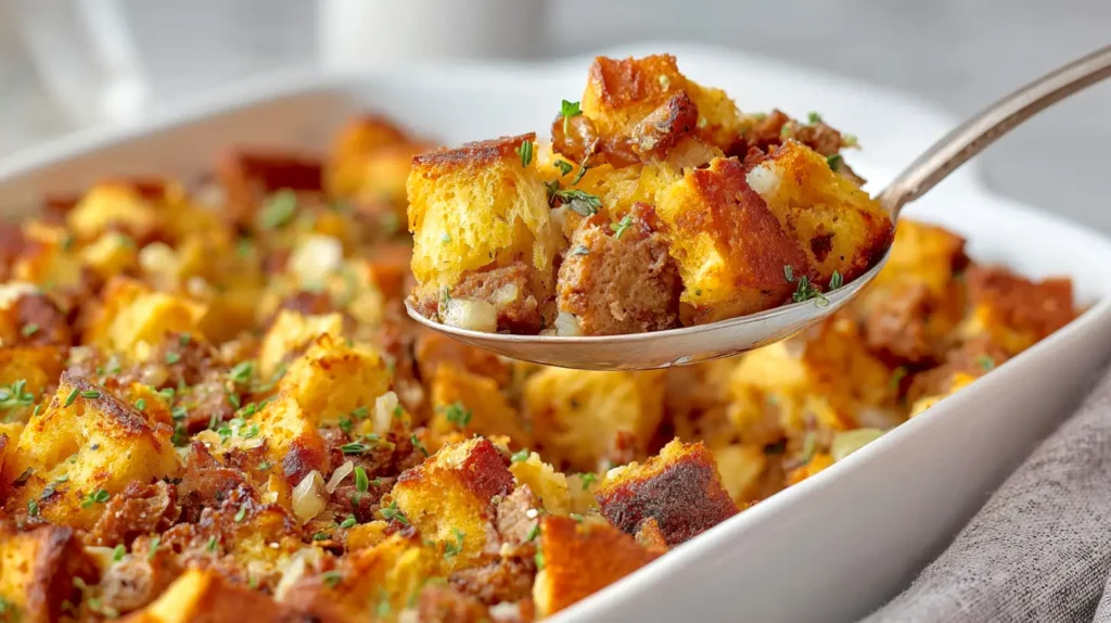 serving a spoon of sausage stuffing from the baking dish