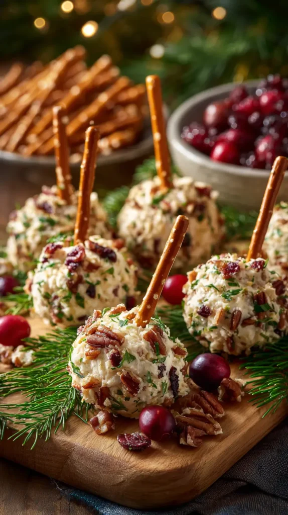 Holiday Cheese-Ball Bites On Pretzel Sticks, Christmas finger food