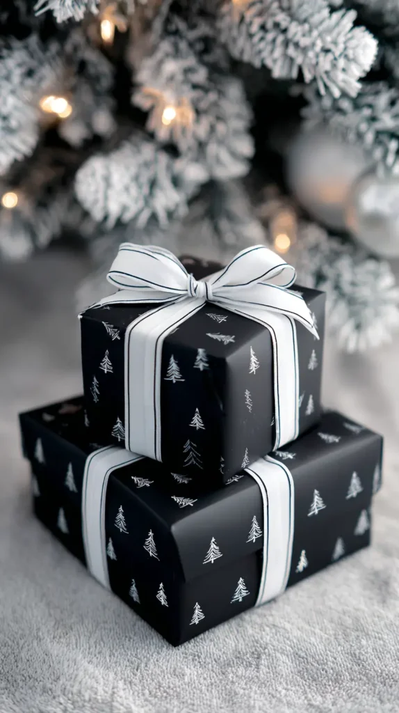 black and white wrapped Christmas presents with white tree details on the black wrapping, silver and white bows and ribbon