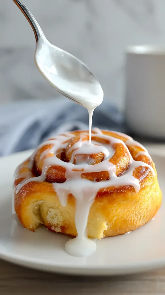 spoon drizzling white icing over a cinnamon roll