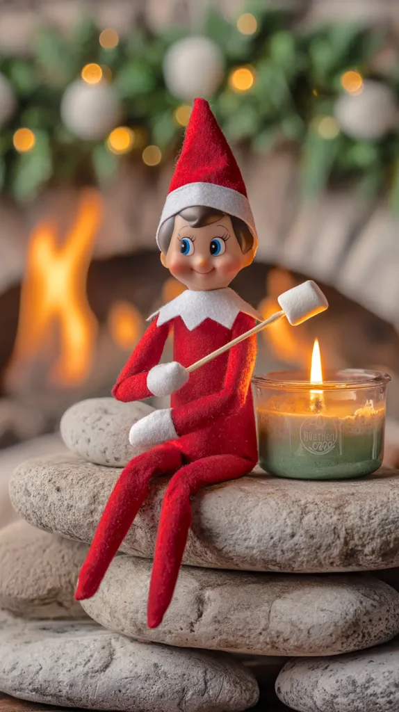 elf on the shelf roasting a mini marshmallow over a small candle